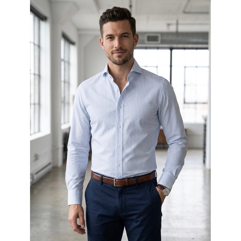 Proper Cloth Mens Blue White Striped Cotton Dress Shirt Spread Collar Size M